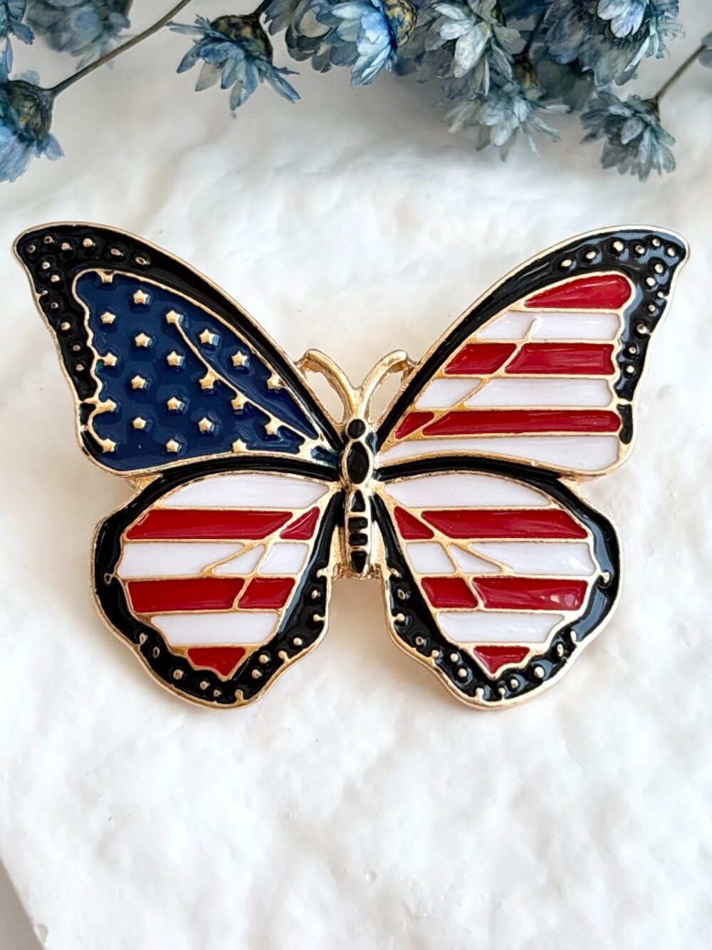 Butterfly Figural American Flag Enameled Gold Toned Patriotic Brooch Pin